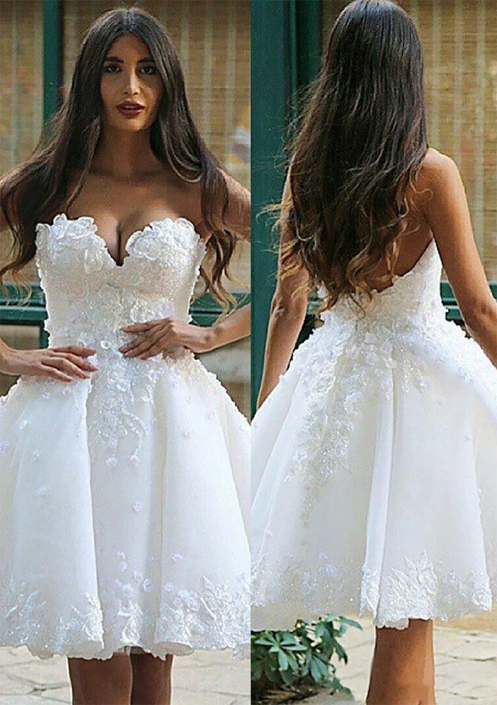 Beach Short Wedding Dresses White Puffy A Line Sweetheart Floral Appliques Knee-Length Bridal Ball Gowns Backless Robe De Mariee