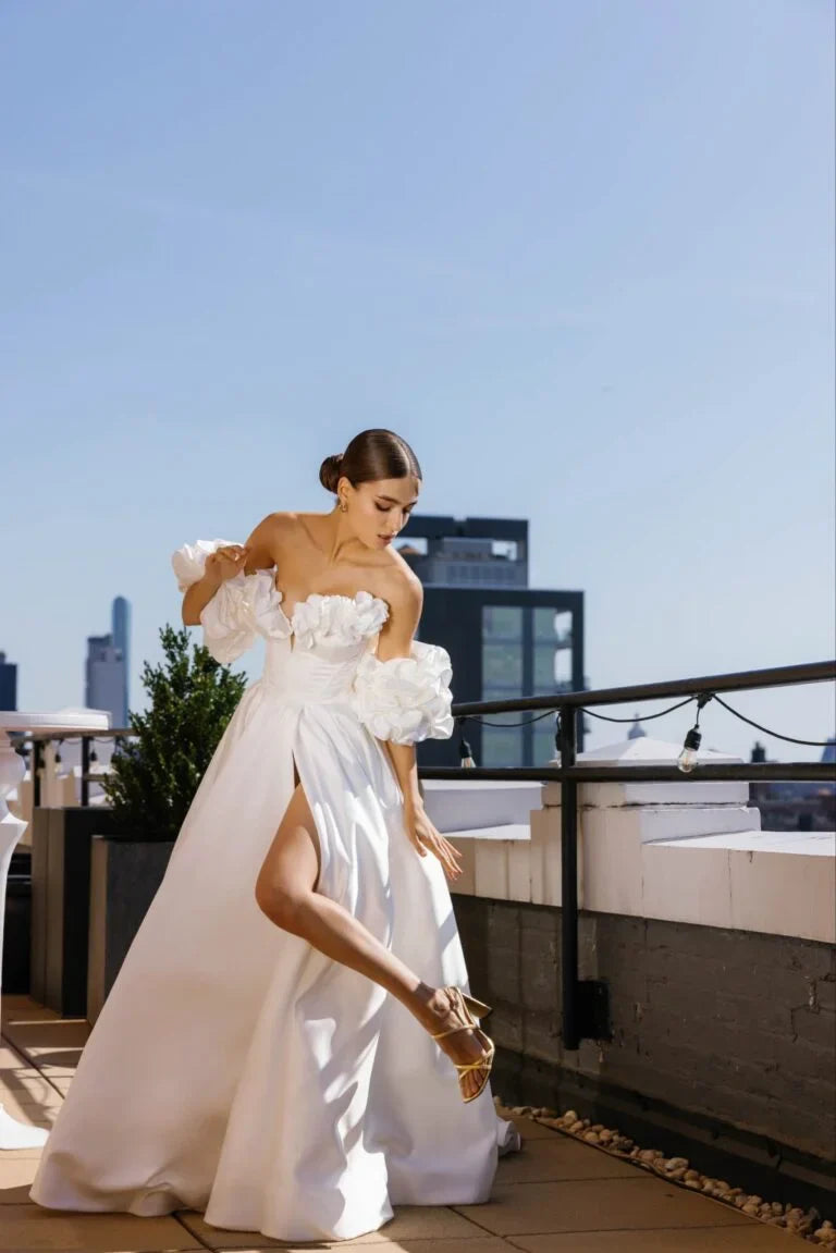 Modest Sweetheart Neck A-Line Wedding Dresses Detachable Puff Sleeves Floor-Length Bridal Gowns Customized Vestidos De Noiva