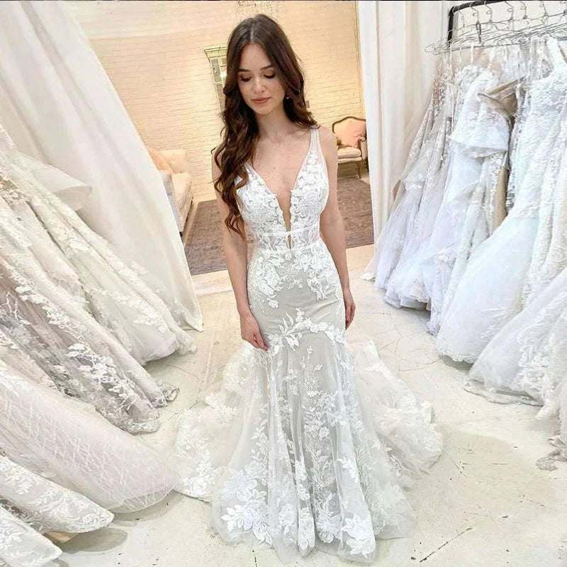 Luxury Mermaid Wedding Dresses Sexy V-Neck Appliques Lace Custom Made Wedding Gown Boho Bridal Dress vestidos de novia