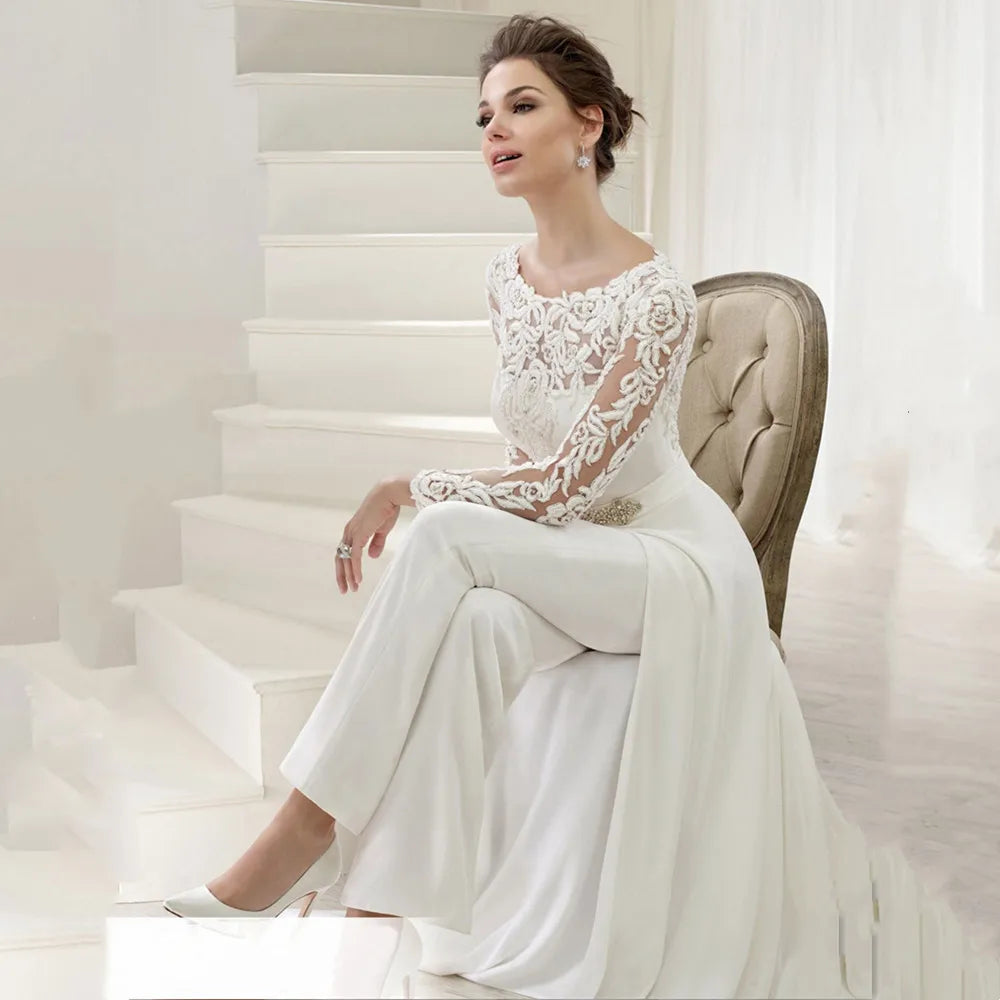 Jumpsuit Lace Wedding Dresses With Detachable Train Long Sleeves O-Neck Formal White Bridal Gowns Beaded Vestidos De Novia