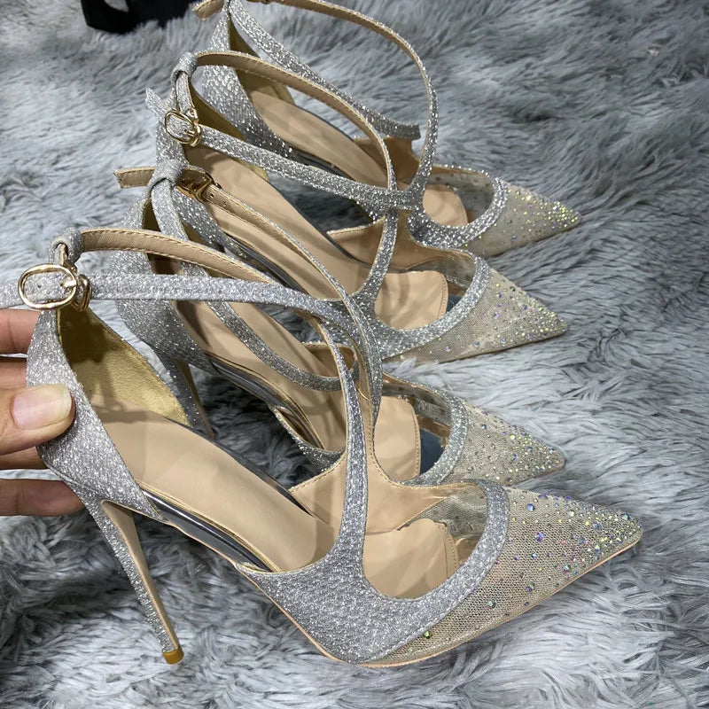 12cm Mesh drill high heels Women's diamond Sequin high-heeled pointed shoes, hollow Crystal Wedding sandals.33-45shoe size