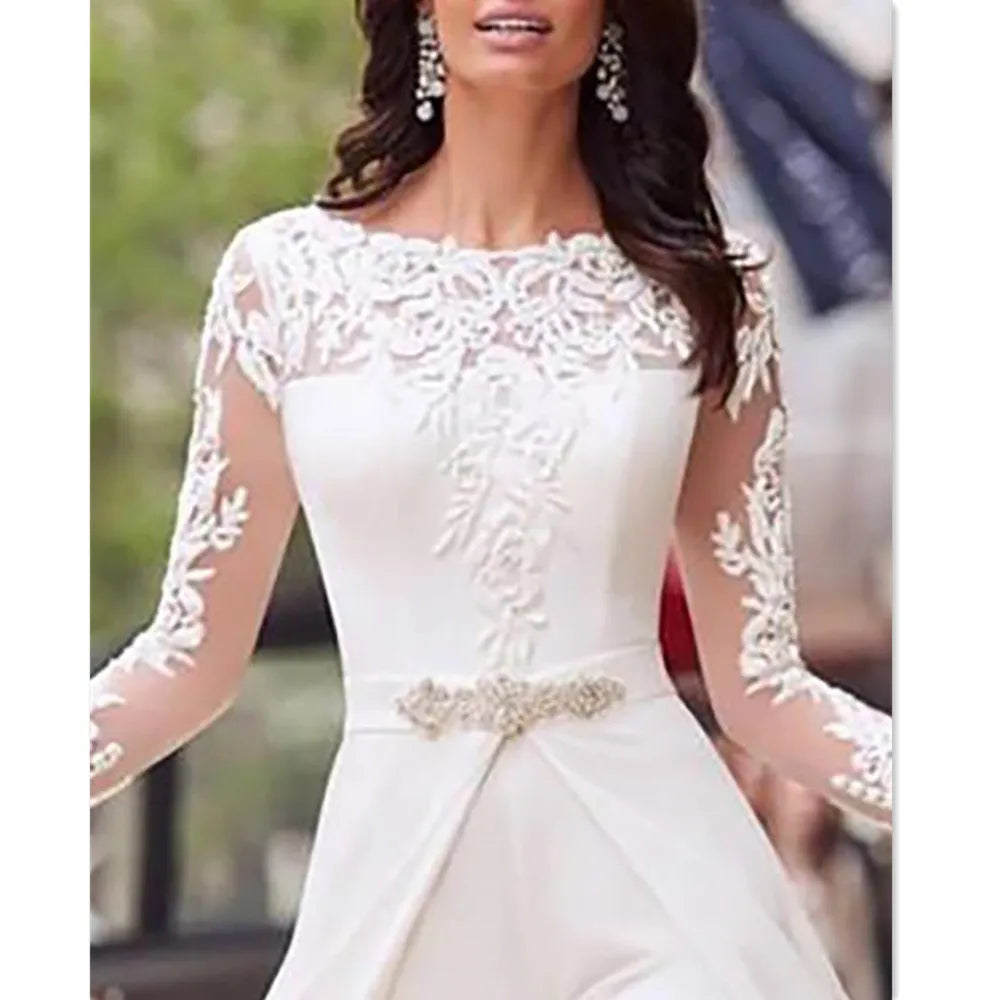 Jumpsuit Lace Wedding Dresses With Detachable Train Long Sleeves O-Neck Formal White Bridal Gowns Beaded Vestidos De Novia