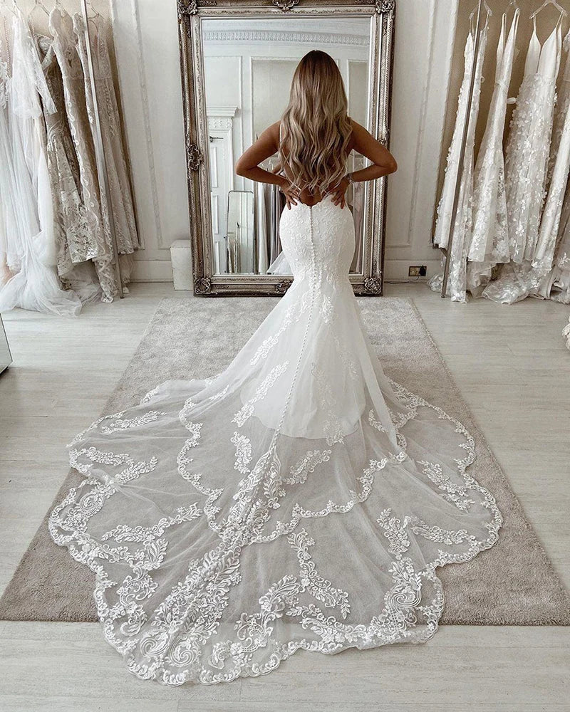 Sexy Mermaid Wedding Dresses Scoop neck Lace Appliques Bride Dress Open Back Country Bridal Gown Vestido de novie