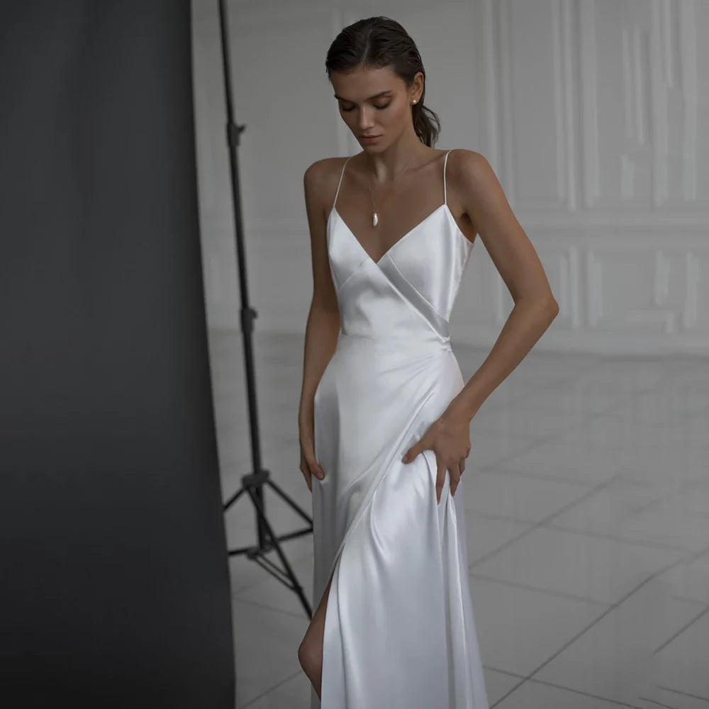 Simple A Line Satin Wedding Dress V Neckline Spaghetti Straps Bridal Gown Sexy High Split Backless Vestido De Novia Custom Made