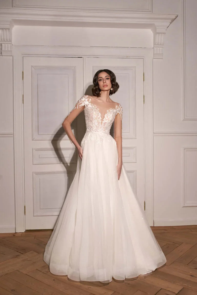 Elegant Classic A-Line Wedding Dress with Long Sleeves, Open Neckline, Embroidery Detailing, and Natural Waistline