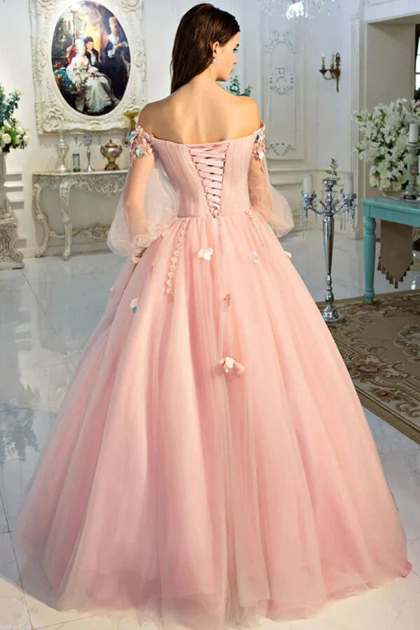 Off Shoulder Pink Quinceanera Dresses Long Floor Length Floral Lace Applique Ball Gown Boat Neckline Prom Evening Gowns