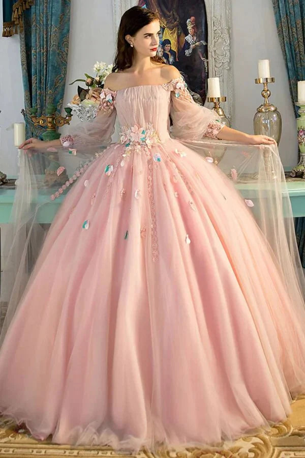 Off Shoulder Pink Quinceanera Dresses Long Floor Length Floral Lace Applique Ball Gown Boat Neckline Prom Evening Gowns