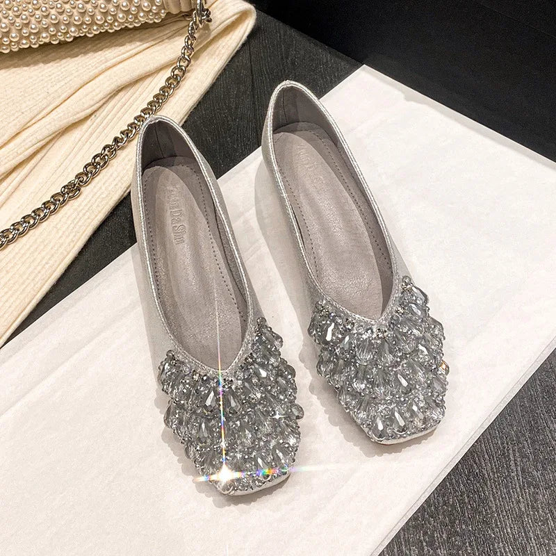 2025 New Shallow Mouth Wedding Shoes Diamond Thick Heel Shoes Large Size Women'S Shoes French Square Head Single Shoes