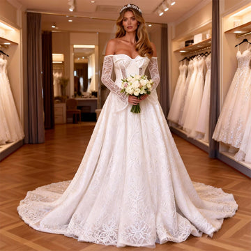 Luxury Appliques Wedding Dress With Train Long Sleeve Sweetheart Ball Gown Lace Bridal Party Gown For Bride vestido de novia