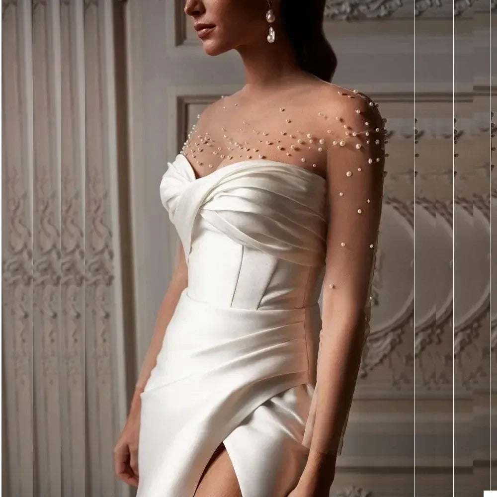 Customized New Elegant Mermaid Lace Pearl Satin Sweetheart Princess White Wedding Dress Side Split Sexy Bridal Party Dress 2025