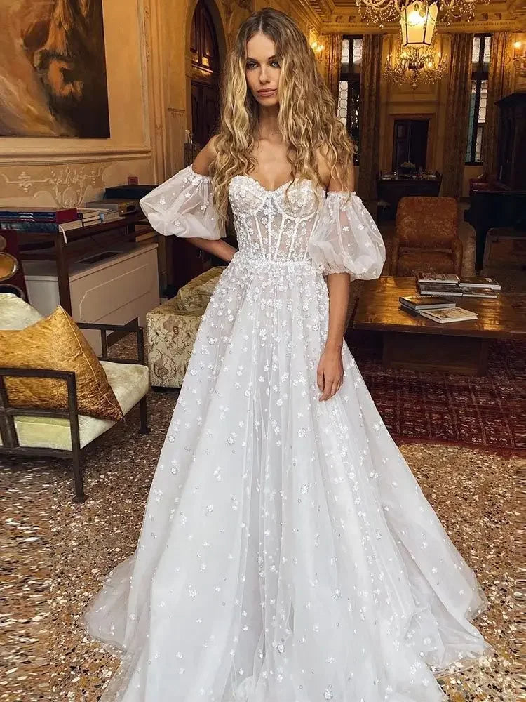 White A-line Princess tulle applique Sweetheart backless removable puffy sleeve Bohemian bride romantic wedding dress custom