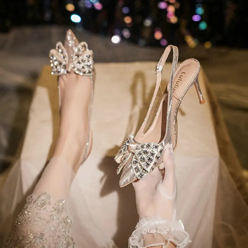 2025 New Crystal Wedding Shoes Thin Heel Pointy Baotou Autumn Bride Shoes Fashion Rhine-Diamond Bridesmaid High Heel Sandals