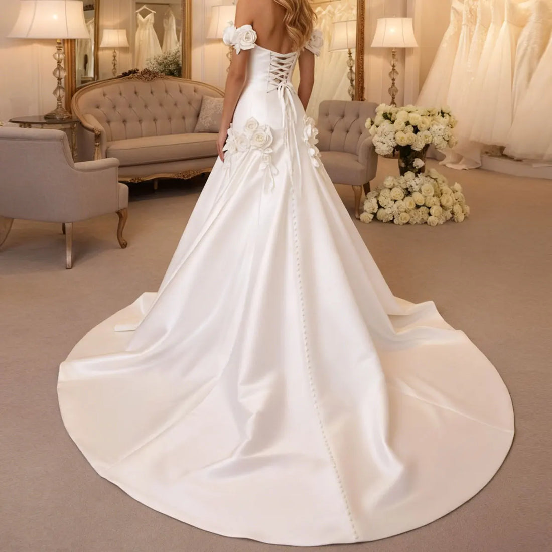 Elegant Satin Flower Wedding Dress With Train Off Shoulder Ball Gown For Women Long A Line Bridal Party Gown Vestidos Novia