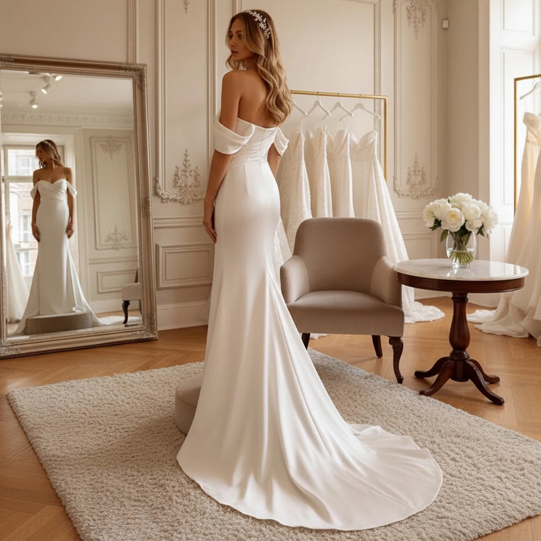Elegant Satin Mermaid Off Shoulder Wedding Dress For Women Pleated Long Sheath Backless Bridal Party Gown Vestidos Novia