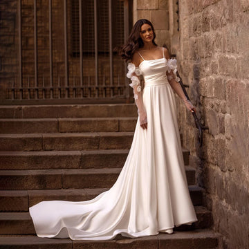 Customized Fashion Strapless 3/4 Sleeve Satin Wedding Gown A-Line Backless Zipper Bridal Gowns Evening Dress vestidos de novia