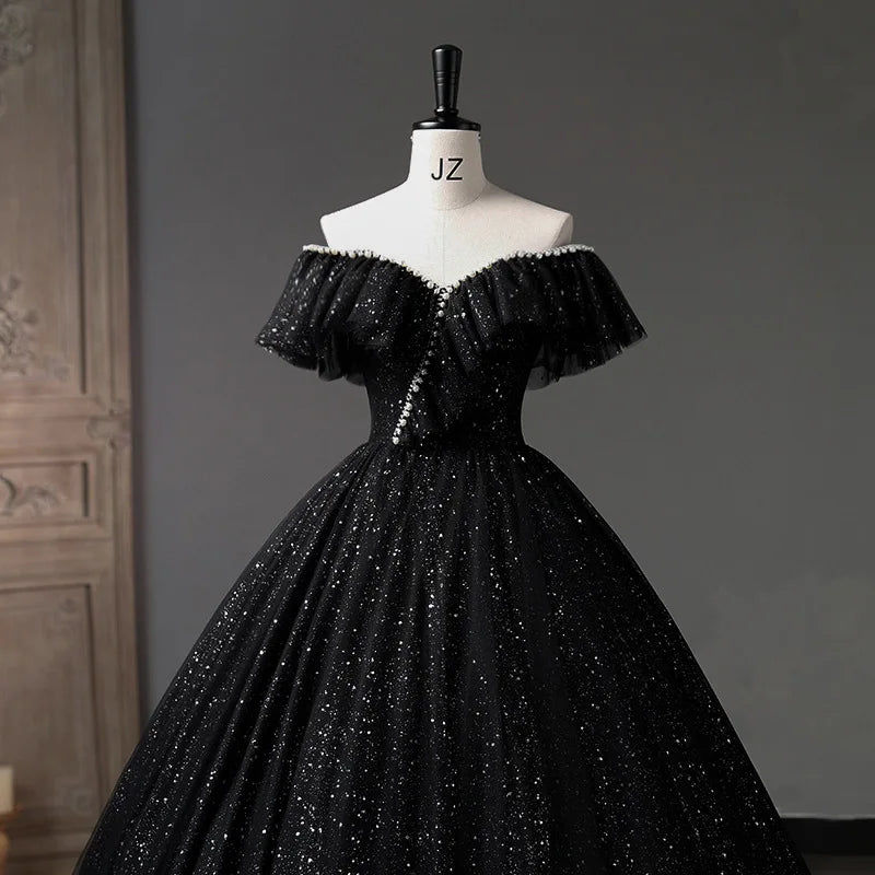 New Black Ball Gown Simple Luxury Bling Shining Quinceanera Dresses Classic Off The Shoulder Floor-length Puffy Dresses For Prom