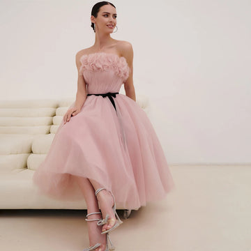 Beautiful Pink Tull Wedding Dresses Sleeveless Short Prom Grown Custom Made Knee Length Party Dress Vestido De Noival