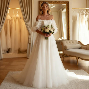 Elegant Puffy Tulle Wedding Dress With Train Long Off Shoulder Ball Gown For Bride Vestidos Novia Flower Bridal Party Gown