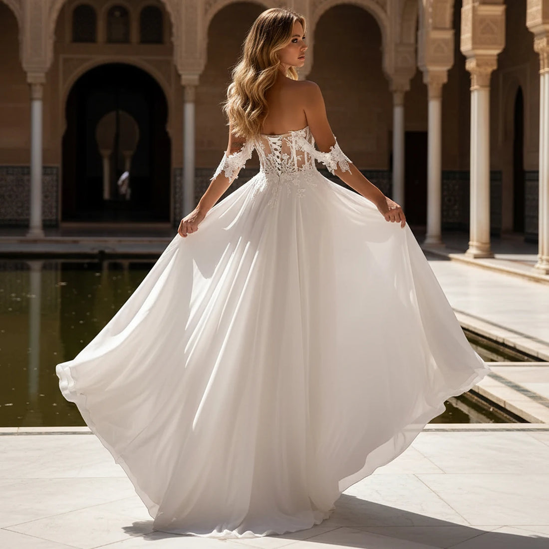 Off Shoulder Lace Wedding Dress Long Illusion Bodic Top Chiffon for Bride A Line Bridal Party Gown For Women Vestidos Novia