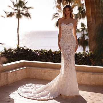 Classic Sweetheart Mermaid Lace Wedding Dresses Bride Lace Court Train 3/4 Sleeves Bridal Gown Vestido De Casamento