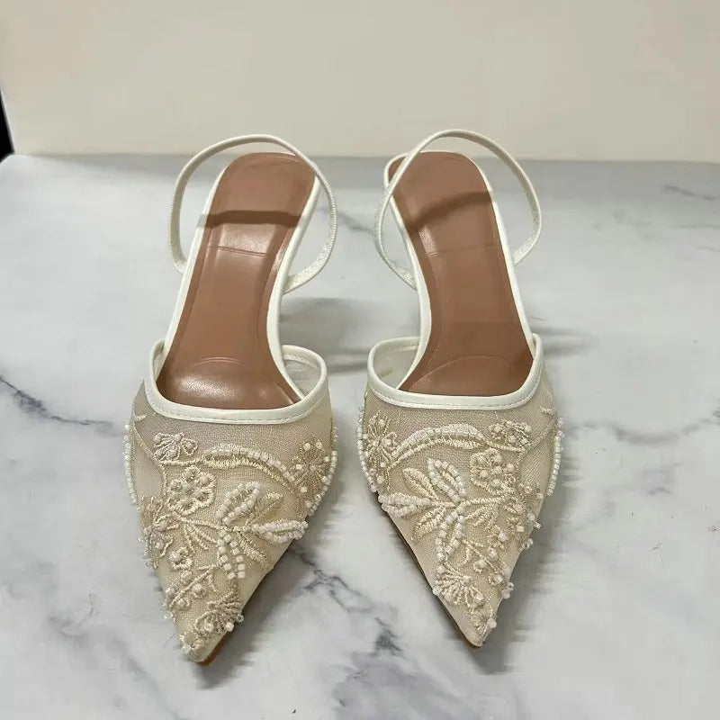 2025 Spring And Summer Wear Fashion Shallow Mouth Pointed Net Rhine-Diamond Pearl After Empty High-Heeled Sandals Women'S Shoes
