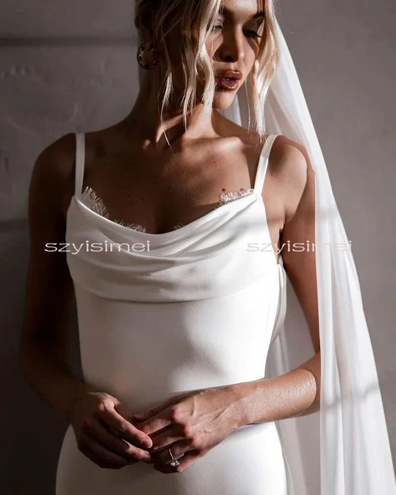 Customized Simple Mermaid White Wedding Dress Spaghetti Straps Lace Sleeve Backless Plain Bridal Gown Sweep Train Vestidos