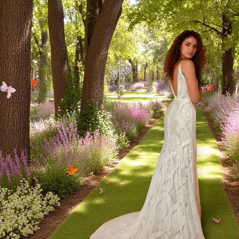 Customized 2026 New Bohemian Lace Embroidered Mermaid Wedding Dress Garden Ceremony Style Deep V-neck Sexy Ball Bridal Dress