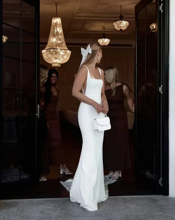 Customized Simple Classic Mermaid Square Neckline Satin Princess Wedding Dress With Exposed Back And Sexy White Bridal Dress