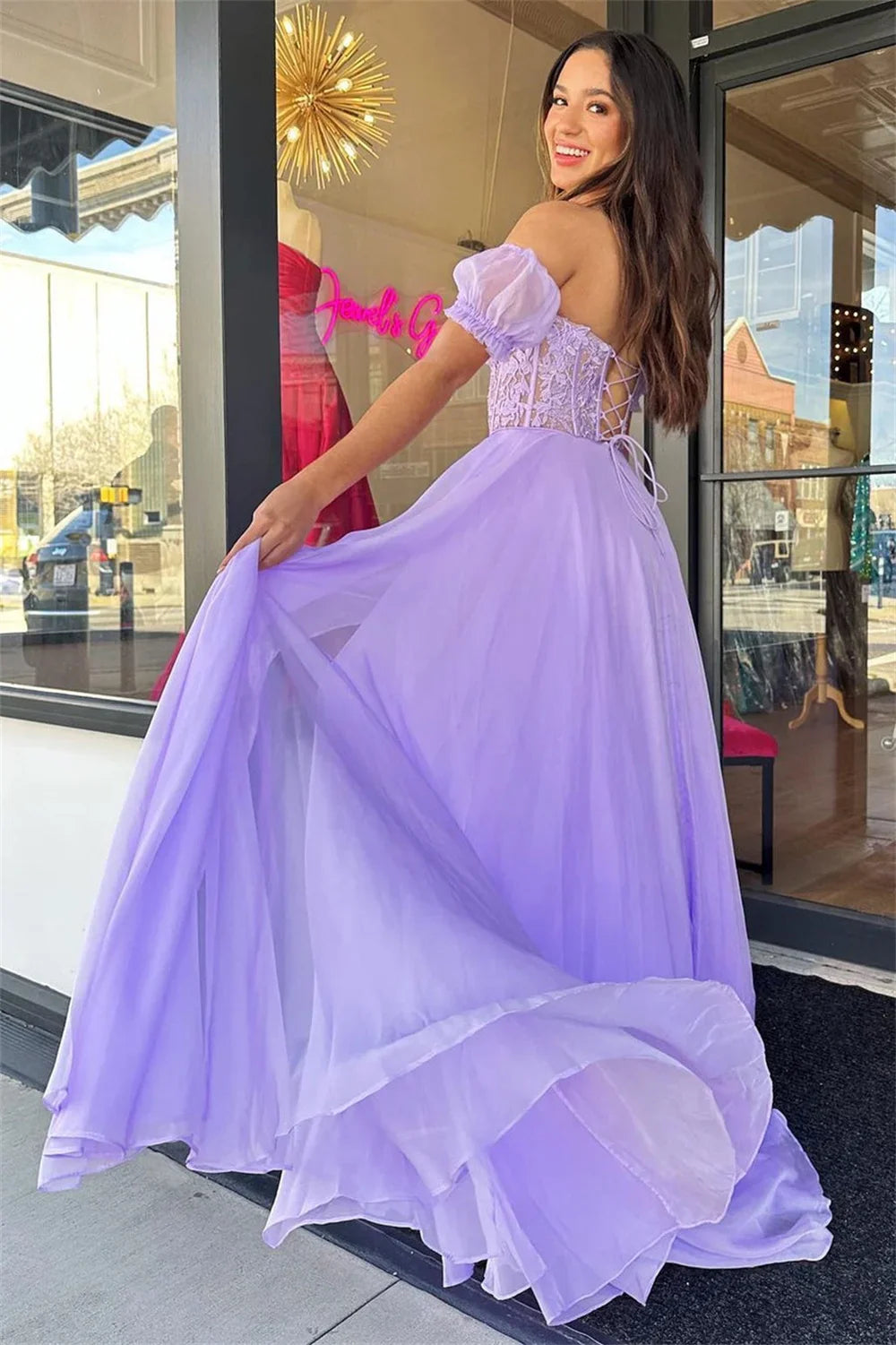 Purple Chiffon Prom Dresses Strapless A-line vestidos de noche Elegant Floor-Length Lace Appliques Formal Evening