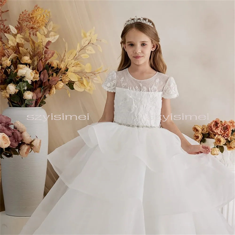 Short Sleeve Flower Girl Dresses For Wedding Guest Kids Bridesmaid Dress With Bow White Ivory Lace Tulle For First Communion