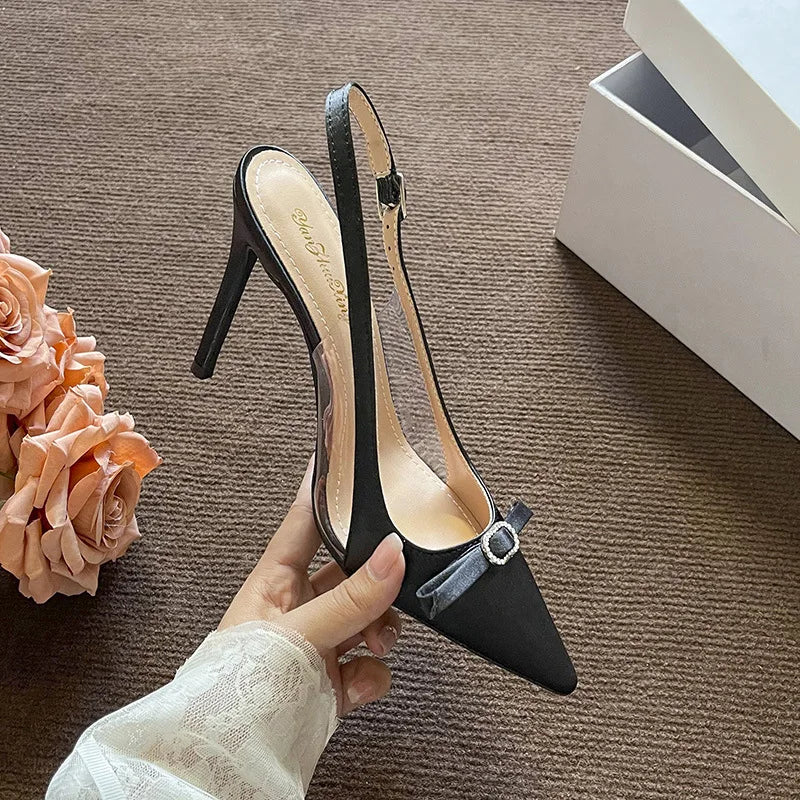 2025 Spring And Summer New French Pointy Stiletto Heels Champagne High Heels Wrapped Head Satin Fairy Bow Sandals  Pumps