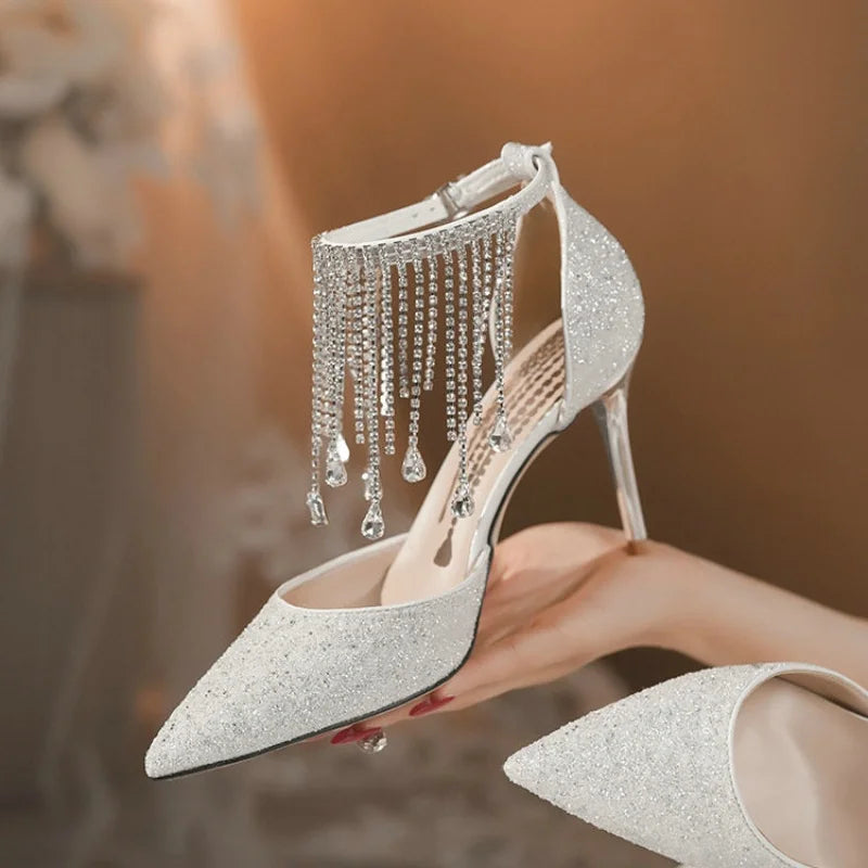 2025 New White High-Heeled Female Pointed Rhinestone Tassel Chain Wedding Shoes Bridesmaid Shoes Evening Party Pumps
