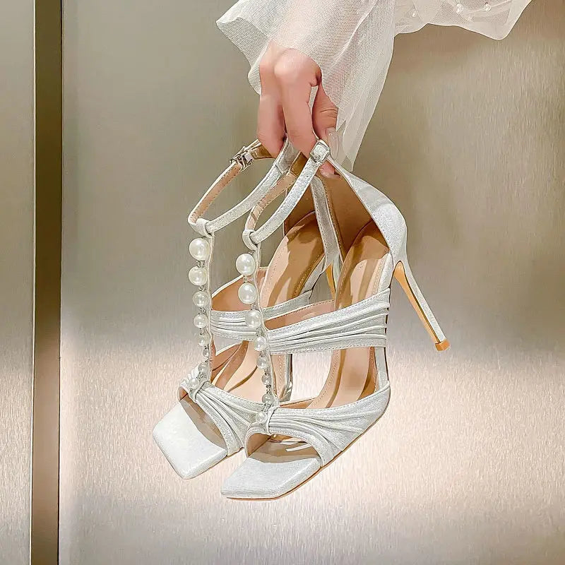 2025 Spring And Summer Open-Toe Fish Mouth High Heels Women'S One-Word Buckle Pearl Chain Sandals Niche High-Grade Single Shoes