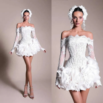 Customizd Fashion A-Line Mini Short Princess Wedding Dress Sexy Off-The-Shoulder Lace Long Sleeves Elegant Pleated Bridal Dress