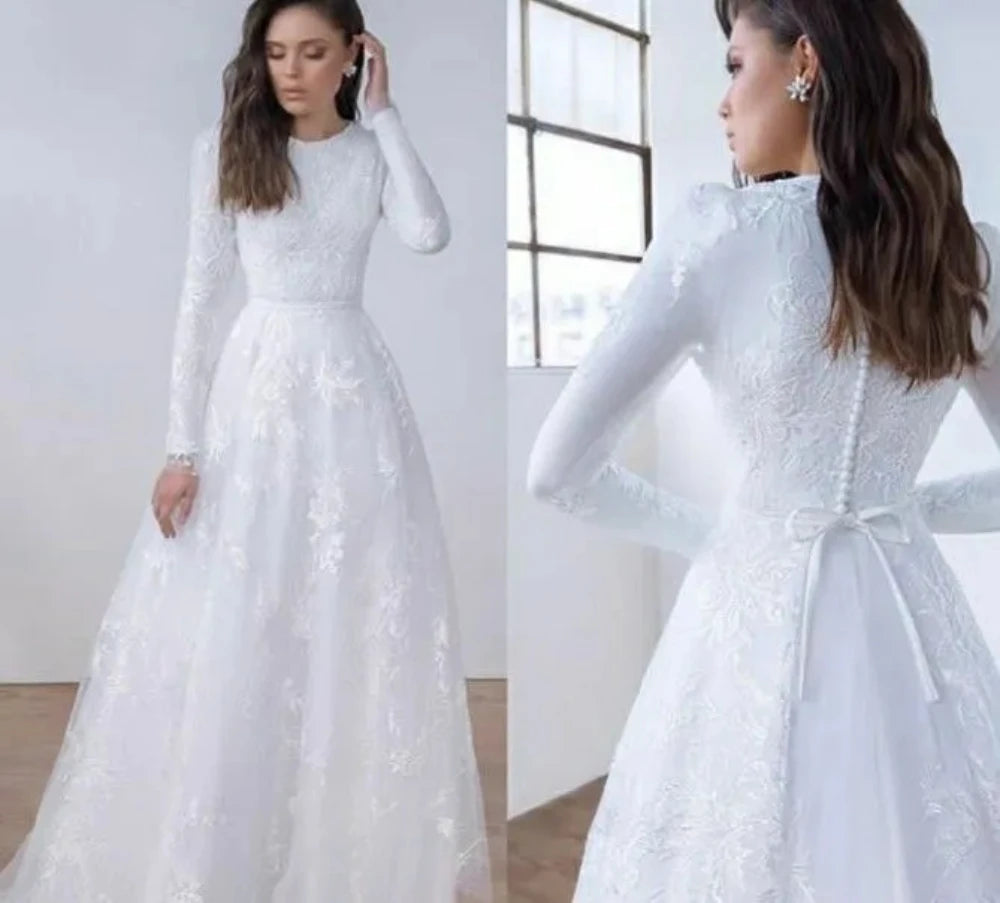 Long Sleeves Lace A-line Modest Wedding Dresses Jewel Neck Sweep Train Vintage Lace Bridal Dresses Vestidos de novia Customized