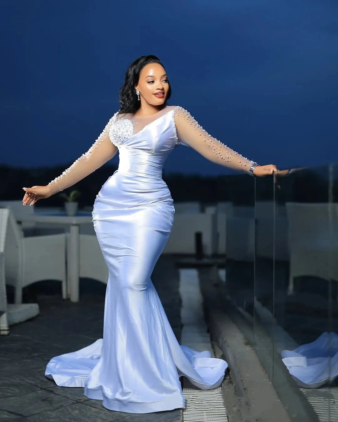 Customized 2025 Mermaid Luxury Sexy Tight African Women's Wedding Dress Pearl Lace Long Sleeve Ruffle Black Women's Bridal Dress