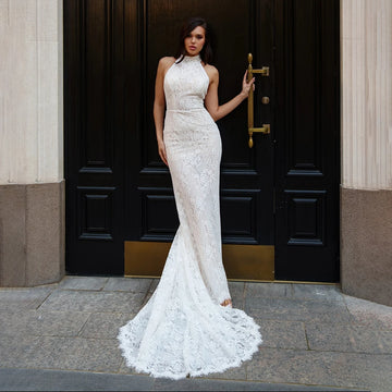 Halter Neck Wedding Dress Mermaid Full Lace Wedding Gown Backless Long Train Customized Evening Gowns