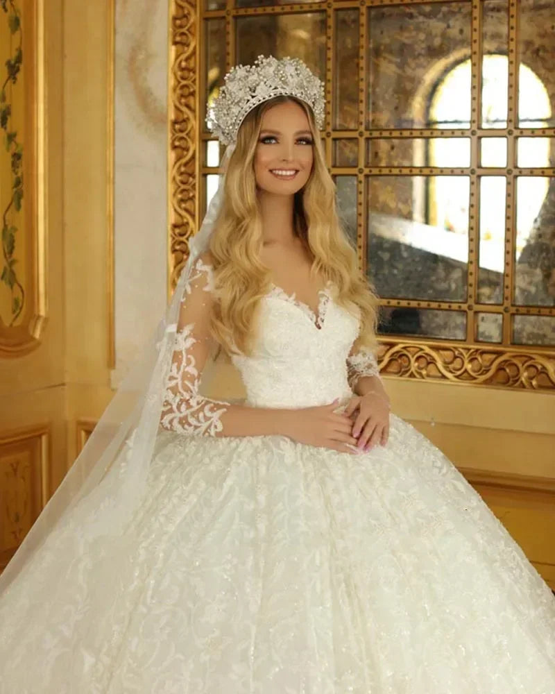 Elegant White A-Line Lace Decal Women's Fluffy Wedding Dress Sexy V-Neck Princess Dance Bridal Gown Vestido De Novia Customized