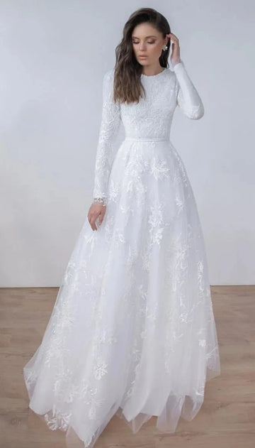 Long Sleeves Lace A-line Modest Wedding Dresses Jewel Neck Sweep Train Vintage Lace Bridal Dresses Vestidos de novia Customized