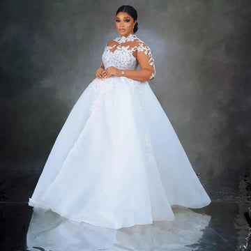 Sexy plus size Wedding Dress High neck Applique Long Sleeve Ball Gown Princess Queen Beach Outdoor Photography Bridal Dress