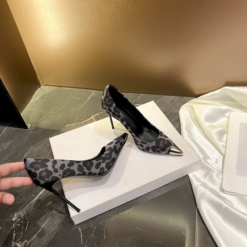 2025 New Metal Gray Leopard-Print Stiletto Heels For Women Female Niche Design Sexy Pointy Shallow Mouth Single Shoes