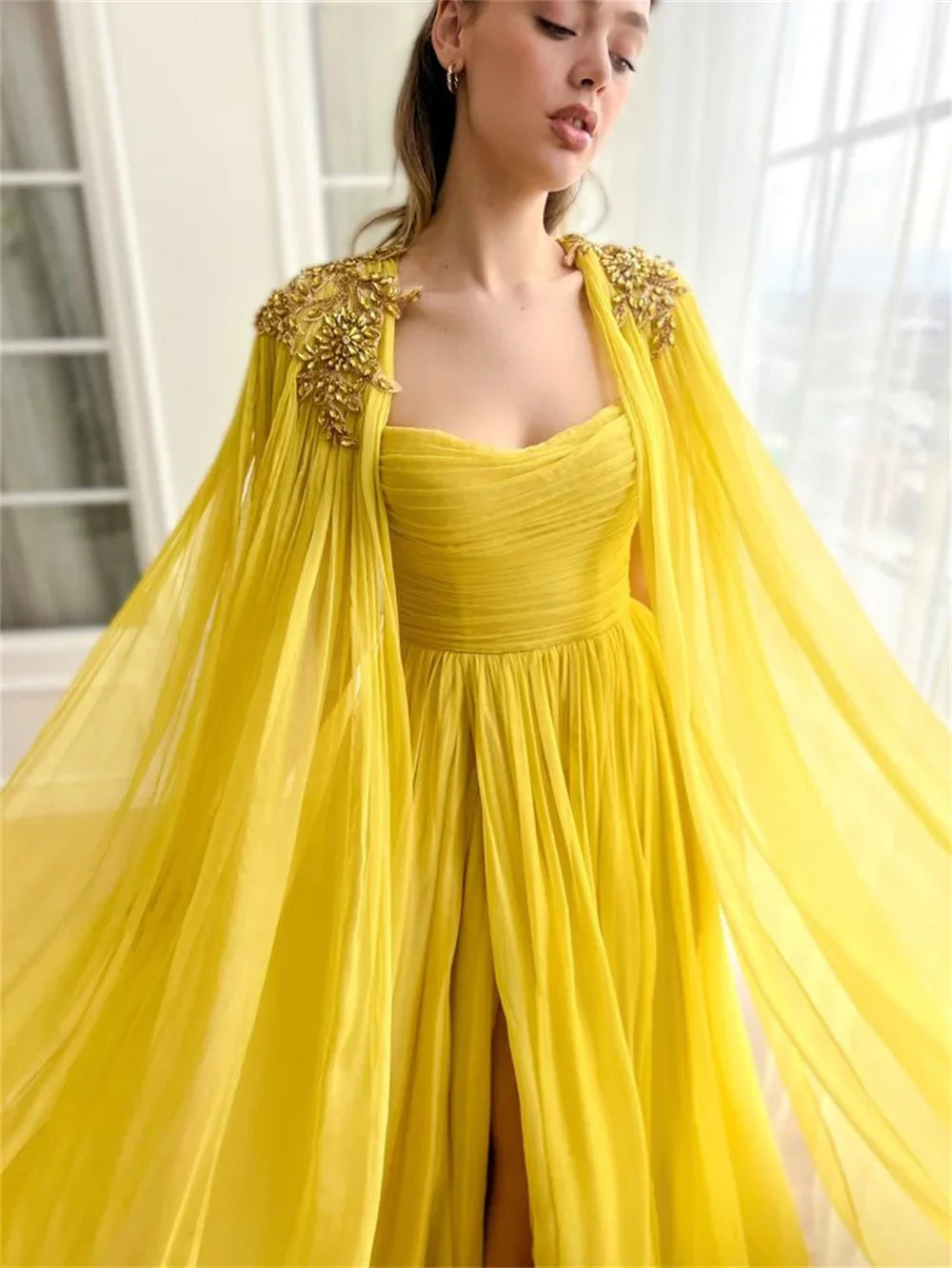 Yellow Tulle Prom Dresses Detachable Shawl A-line فساتين السهرة Elegant Sleeveless Side Split vestidos verano moda