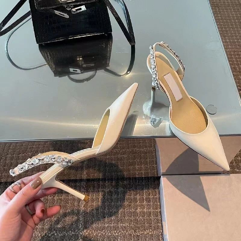 2025 Summer French High Heels Female Stiletto Temperament Fairy Pointy Single-Shoe Rhine-Diamond Bow-Head Sandals