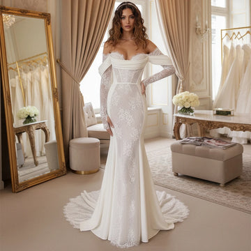 Elegant Sheath Sweetheart Lace Wedding Dresses For Women Vestidos Novia Long Sleeve Appliques Mermaid Bridal Party Gown