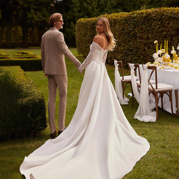 Customized A Line Princess Wedding Dresses 2026 For Bride Off Shoulder 3/4 Lace Sleeve Women Ball Bridal Gown robe de mariée