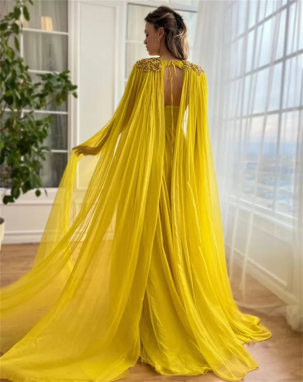 Yellow Tulle Prom Dresses Detachable Shawl A-line فساتين السهرة Elegant Sleeveless Side Split vestidos verano moda