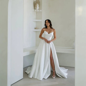 Customized Off-Shoulder Sleeveless Wedding Gown A-Line Front Split Evening Dress Backless Zipper With Buttons Bridal Gown