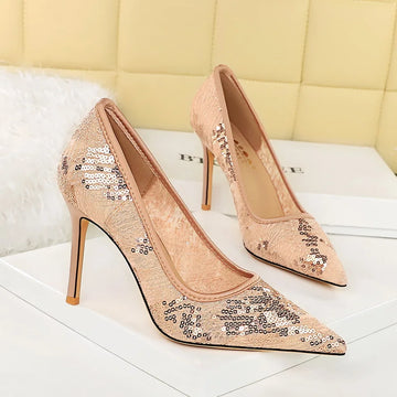 BIGTREE Fashion High Heels Sequin Air Mesh Women's Pumps Party Wedding Lady Heeled Shoes Stiletto 10cm Silver Champagne Hollow