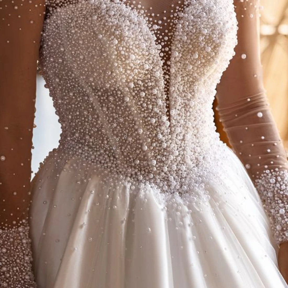 Romantic Satin Beaded Wedding Dress With Train Long Sleeve Ball Gown For Bride A Line Bridal Gown For Women