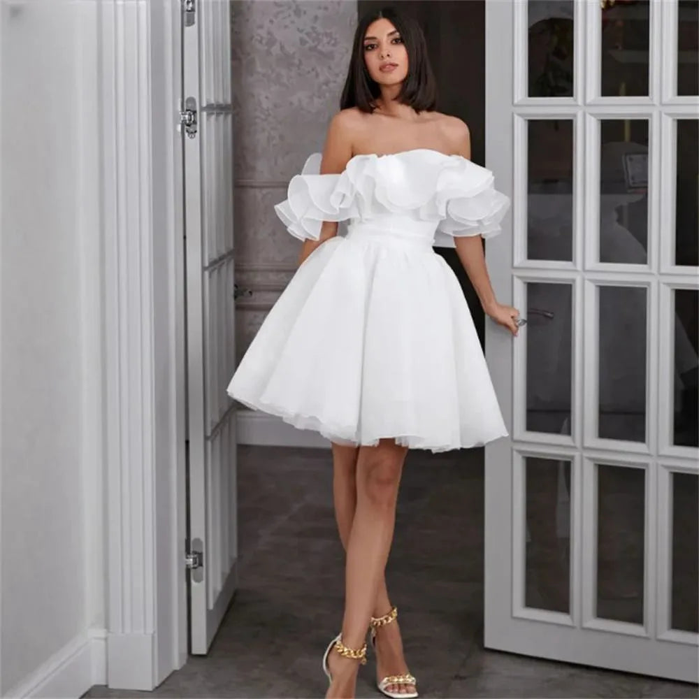 White Off the Shoulder Prom Dresses Mini Chiffon فساتين السهرة Elegant Edge Curl Knee-Length vestidos verano moda